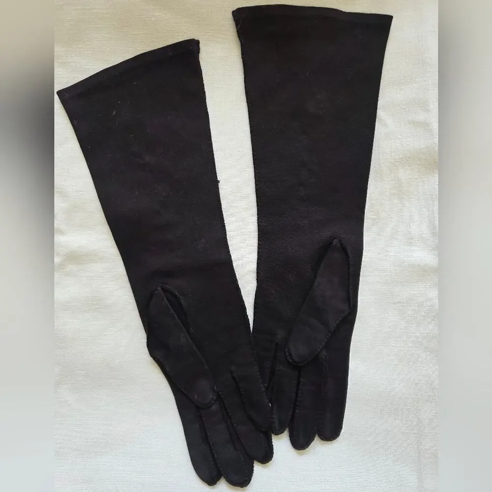 Vintage Hansen Black Embroidered Beaded Long Gloves Stitching on Fourchettes NEW